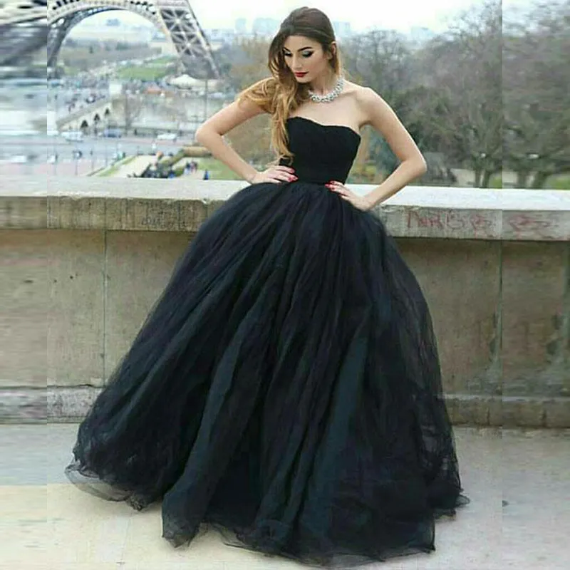 Fit and Flare Black Tulle Prom Dresses Strapless Sleeveless Puffy Skirt Floor Length Evening Party Gowns Cheap Custom Made High Quality