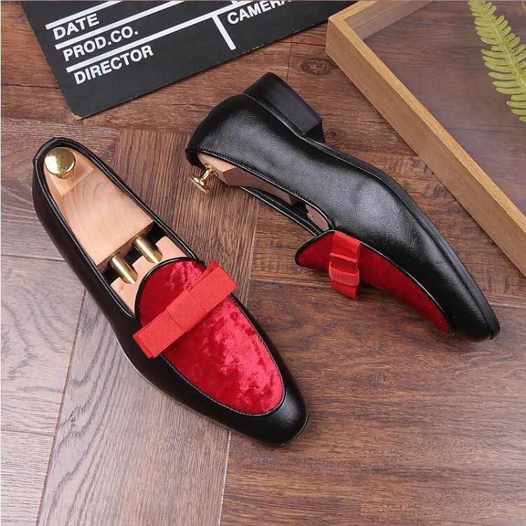 Hot sales Genuine Patent Leather And Nubuck Leather Patchwork With Bow Tie Men Wedding Black Dress Shoes Men's Banquet Loafers