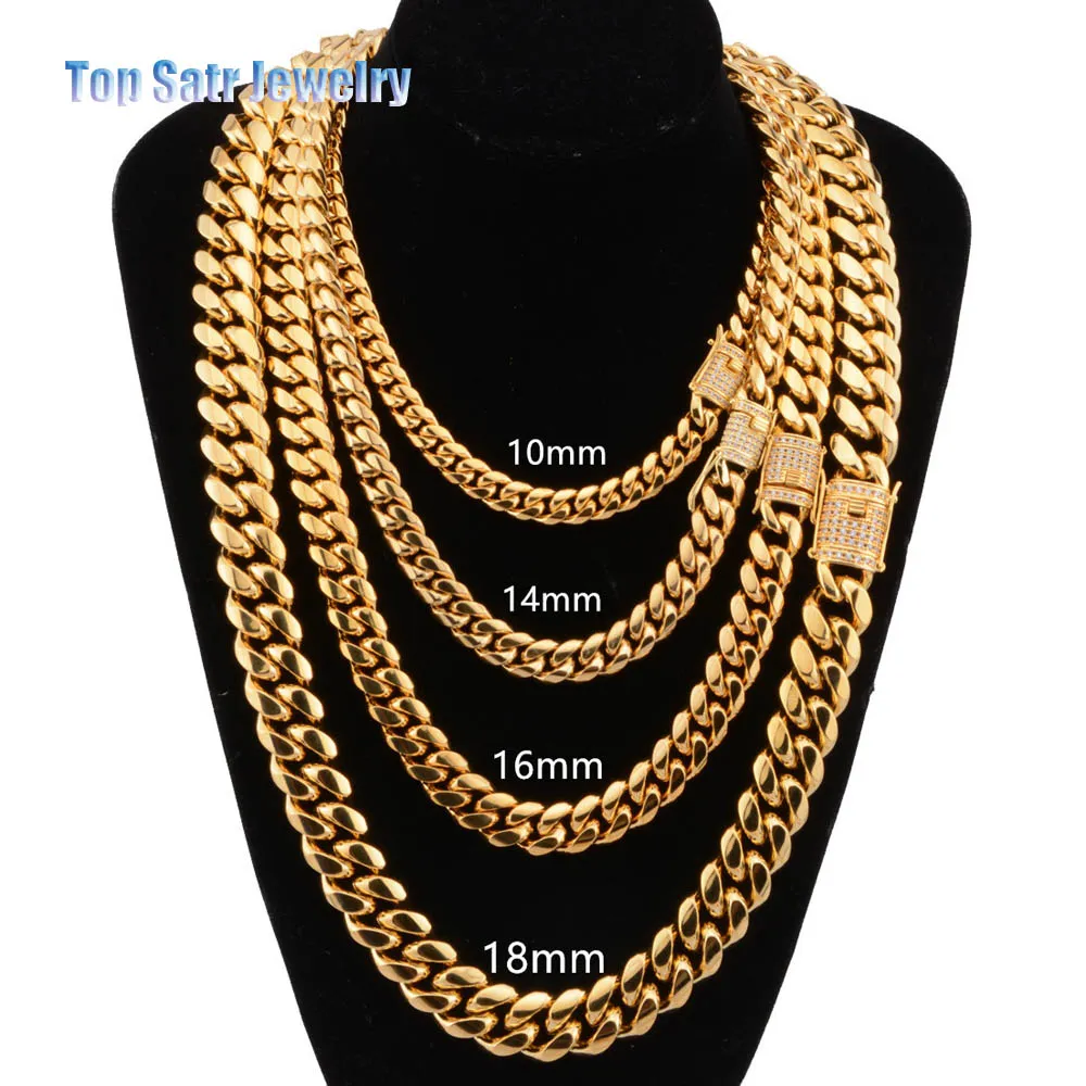 8mm/10mm/12mm/14mm/16mm Stainless Steel Jewelry 18K Gold Plated High Polished & Cubic Zirconia Clasp Miami Cuban Link Necklace Men Chain