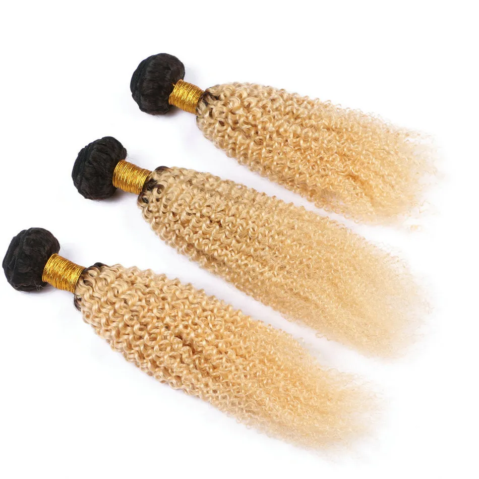 Fasci di capelli umani biondi afro crespi 3 pezzi / lotto capelli vergini brasiliani tesse 1b 613 fasci di capelli biondi bicolore ricci crespi radici scure