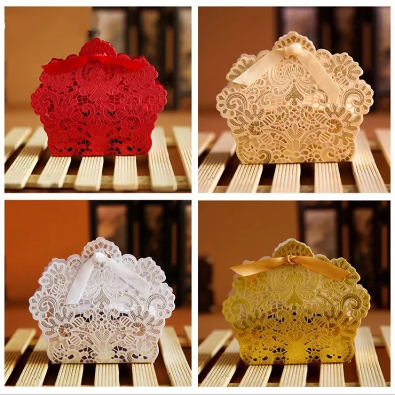 Laser Cut Hollow Lace Flower White Gold Red Candy Box Wedding Party Sweets Candy Gift Favour Favors Boxes