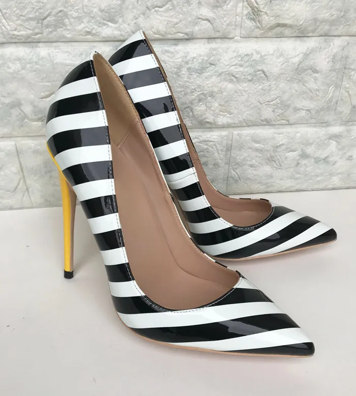 Striped heel shoesClassic Fashion Ladies Shoes Black White Stripes Pointy Toe Stiletto High Heels Dress Wedding Women Shoes Patent Leather