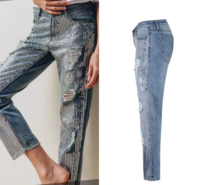 Girls Fashion Sequin RIP Jeans JEANSION DES FEMMES BLING BLING Ripped Ripped Jeans droit Mid Waist Light Blue Xs-2xl SZ