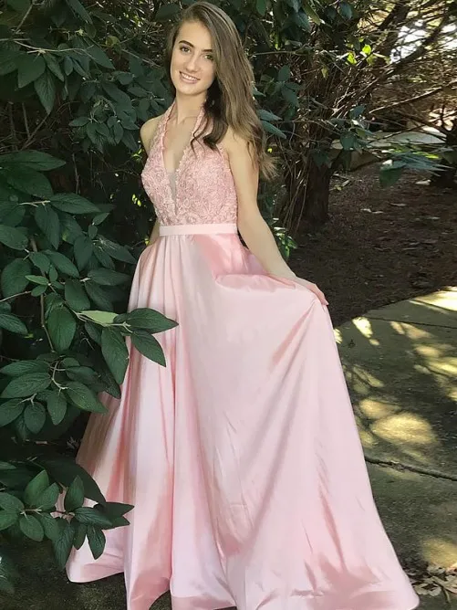 2023 Abito da ballo lungo rosa con scollo a V in pizzo Applique aperto sul retro Taffettà A-line Abiti da festa per celebrità formali Abiti da sera sexy Vestidos De Fiesta