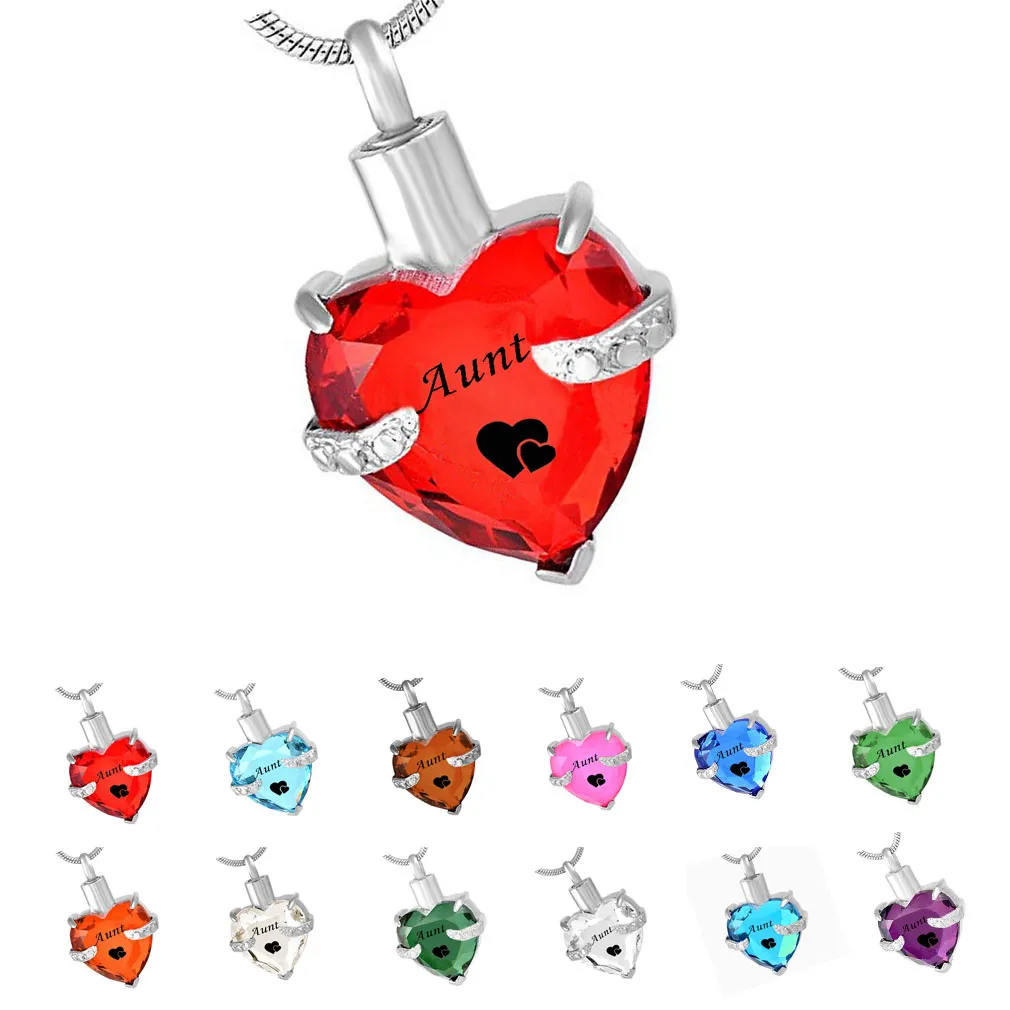 Aunt Glass Cremation Jewelry Heart Birthstone Pendant Urn Necklace Ashes Holder Keepsake