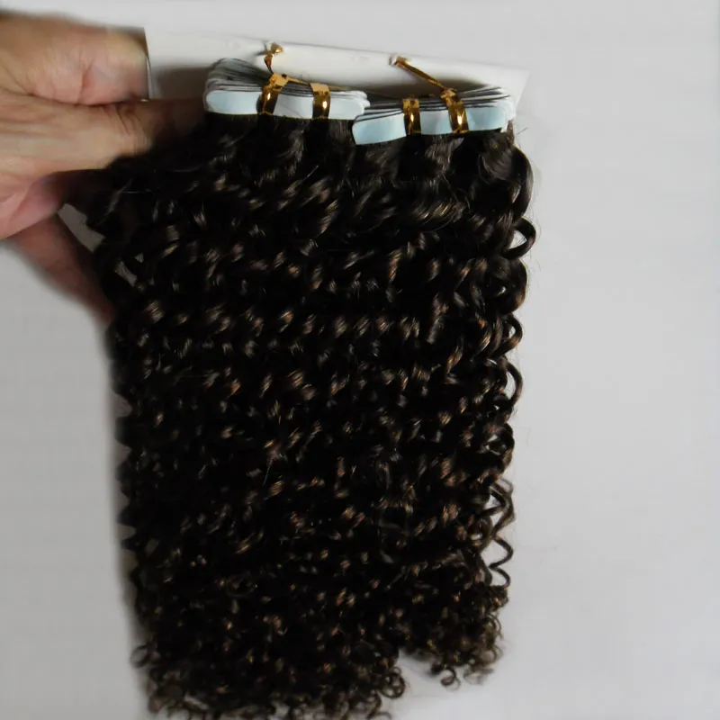 # 2 Donkerste Bruin Afro Kinky Curly Tape in Human Hair Extensions 100G Mongoolse Kinky Krullend Haar / Set Skin Cheft Hair