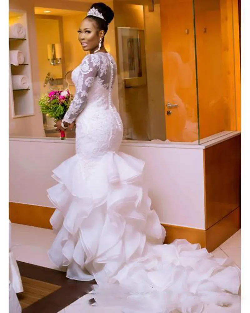 Vestidos de casamento da sereia de renda árabe Vestidos de noiva nigeriano 2018 mangas compridas camadas cambial trem vestidos nupciais frisados ​​organza vestido de novia