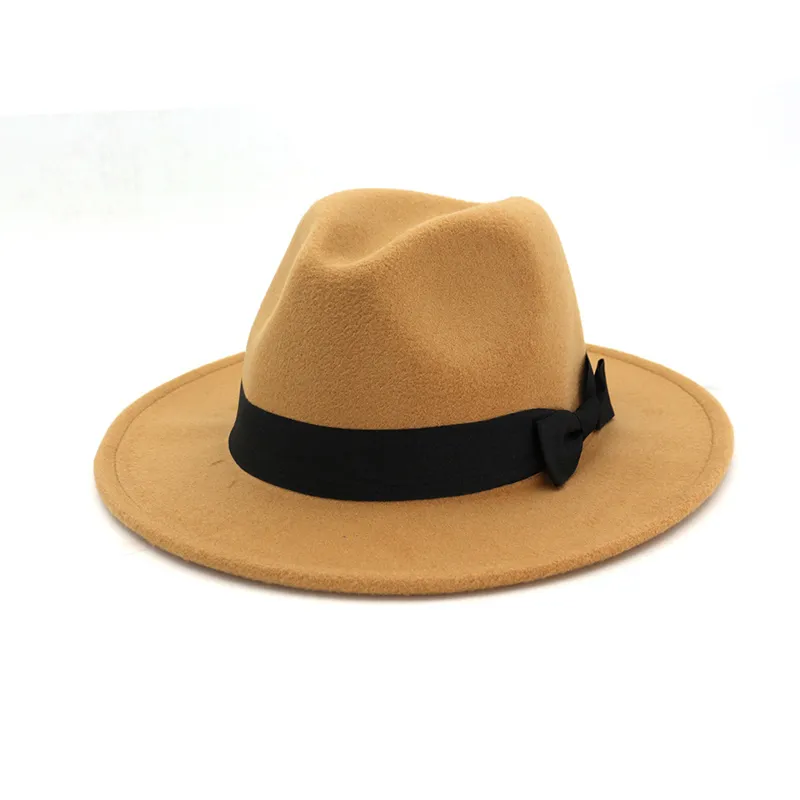 Chapeau Fedora en feutre de laine noir de couleur unie, 12 couleurs unies, bandeau à nœud papillon décoré pour femmes et hommes, chapeau de Jazz à large bord, casquette Trilby