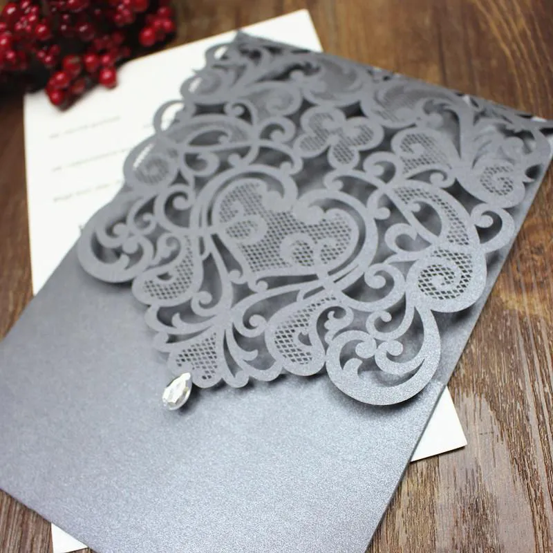 Crystal Wedding Invitation Country Silver Grey Wedding Engagement Invitations Flower Laser Cutting Design Multi Colors9833202