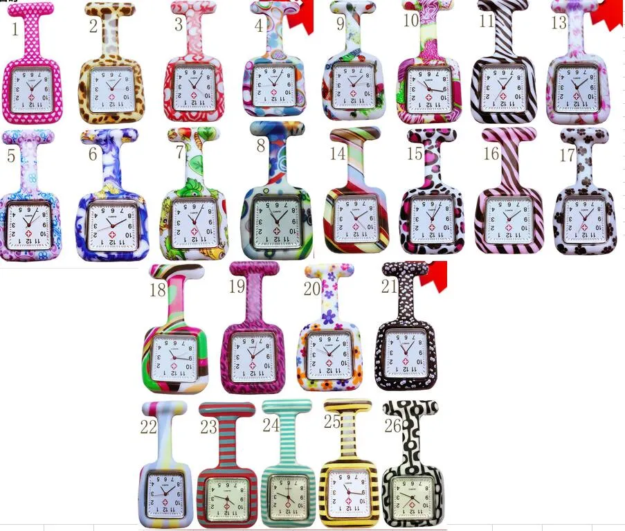 Partihandel 1000pcs / Lot 26color Square Färgglada Tryck Silikon Sjuksköterska Klockficka Klockor Doktor FOB Quartz Watch Kids Present Klockor NW017