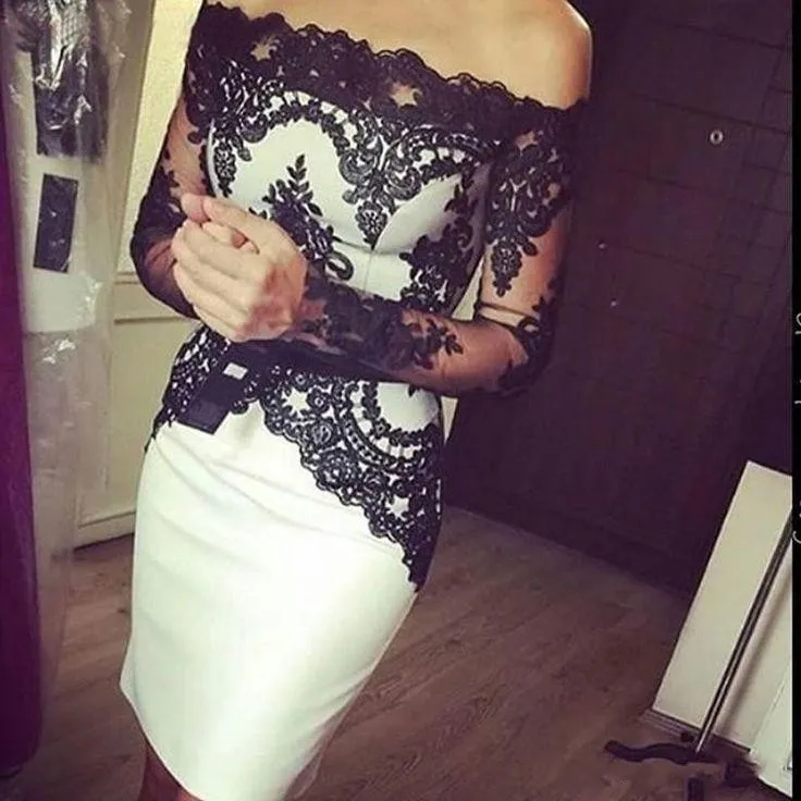 Sexy White Black Applique Cocktail Dresses Off Shoulder Long Illusion Sleeves Mini Above Knee Length robe de mariée Short Prom Dresses