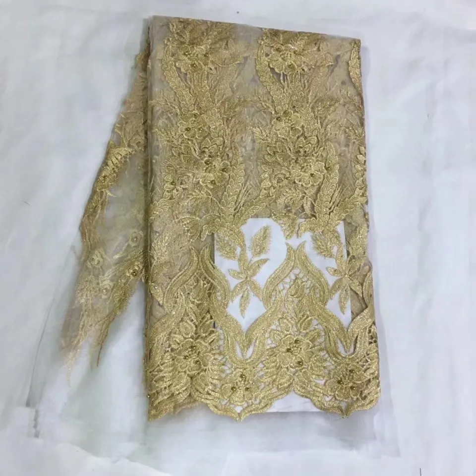 5 Yards Pc Top Sale White French Net Lace Fabric With Beads And Gold  Embroidery African Mesh Material For Dress Hs81 From Leoking11, $66.84