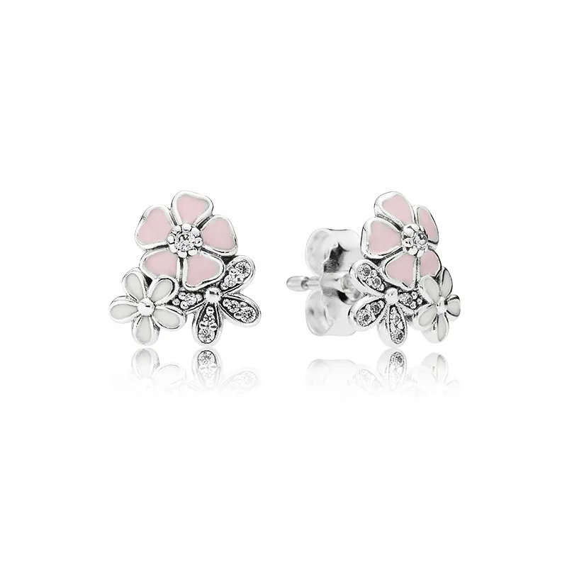 Leuke roze email bloem 925 sterling zilveren oorring voor vrouwen fit pandora echte zilveren sieraden oorbellen cadeau