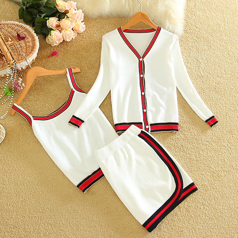 Summer suit casual Two Piece Dress Slim Knitted Female mini skirt suits Ladies 3 pcs set women Shirt Top + Vest