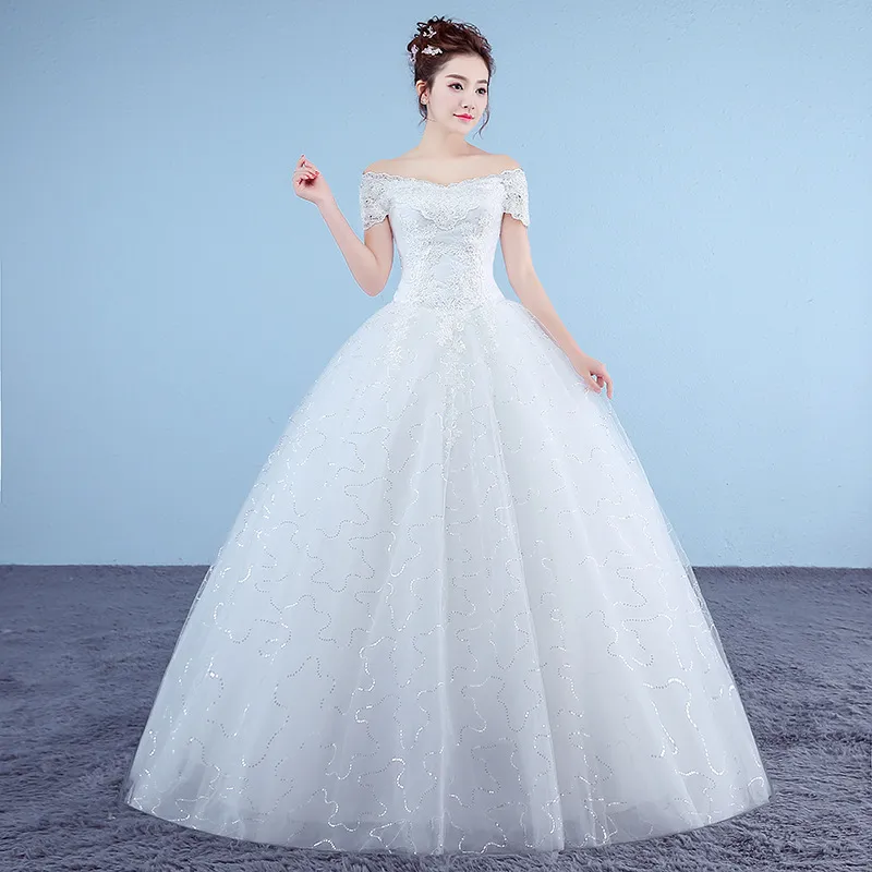 Nouveau Bateau Cou Robe De Mariée Brodée 2018 Organza Et Tulle À Lacets Ball Blanc Princesse Pas Cher Robes De Mariée Robe De Noiva