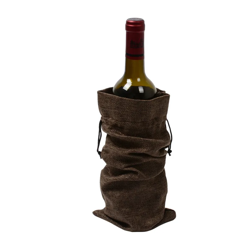 Hot Sell Jute Wine Bottle Väskor 16cmx36cm Champagne Bottle Covers Linne Drawstring Christmas Wedding Party Gift Pouches Packaging Bag