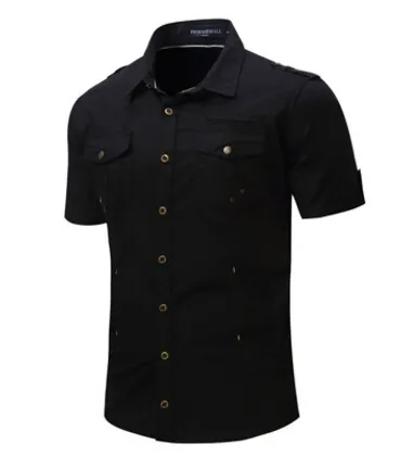 Summer  Shirts Mens Casual Shirt Short Sleeved Khaki Black Grey Loose Tops Tees