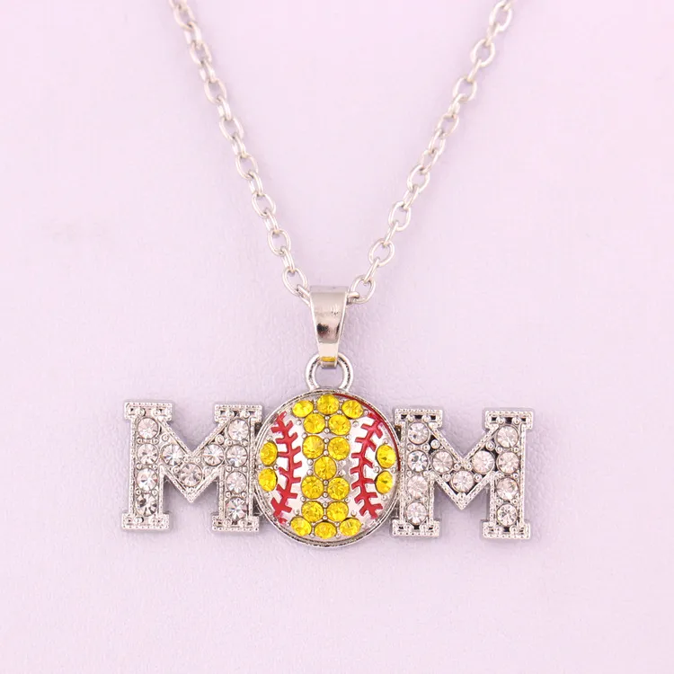 Gorąca Sprzedaż Softball Sports Wisiorek Naszyjnik Mom List White Yellow Crystal Kryształ Rhinestone Ball Charm Link Łańcuch do zespołu Fani Biżuteria