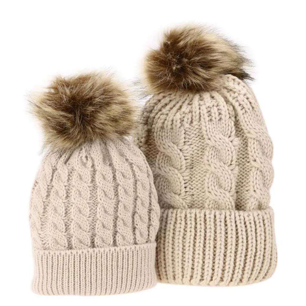 Mom and Baby Matching Knitted Hats Warm Fleece Crochet Beanie Hats Winter Mink PomPom Kids Children Mommy Headwear Hat Caps5701190