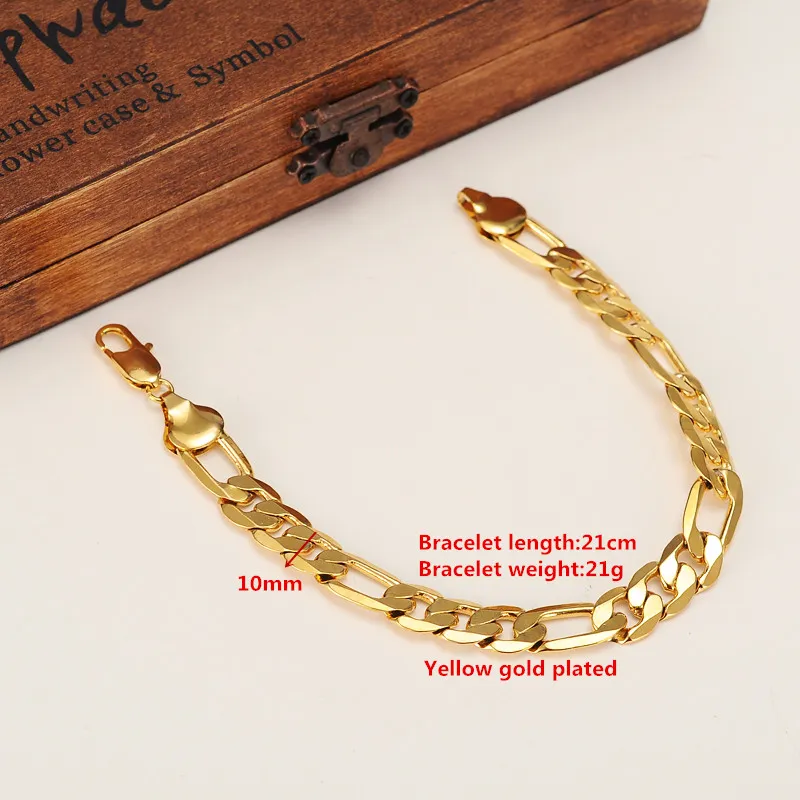 Męskie 24 K Solid Yellow Gold GF 10mm Włoski Figaro Link Chain Bransoletka 8,7 cali Biżuteria