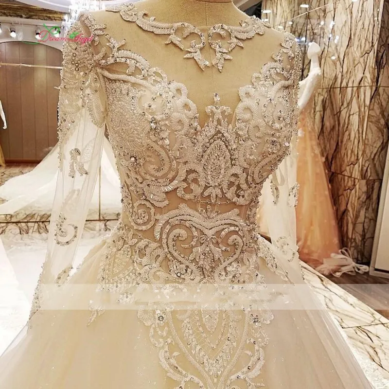 İnanılmaz Boncuk Gelinlik Illusion En Uzun Kollu Gelin Törenlerinde Bir Çizgi Dantel Aplikler Mahkemesi Tren Düğün Vestidos Custom Made