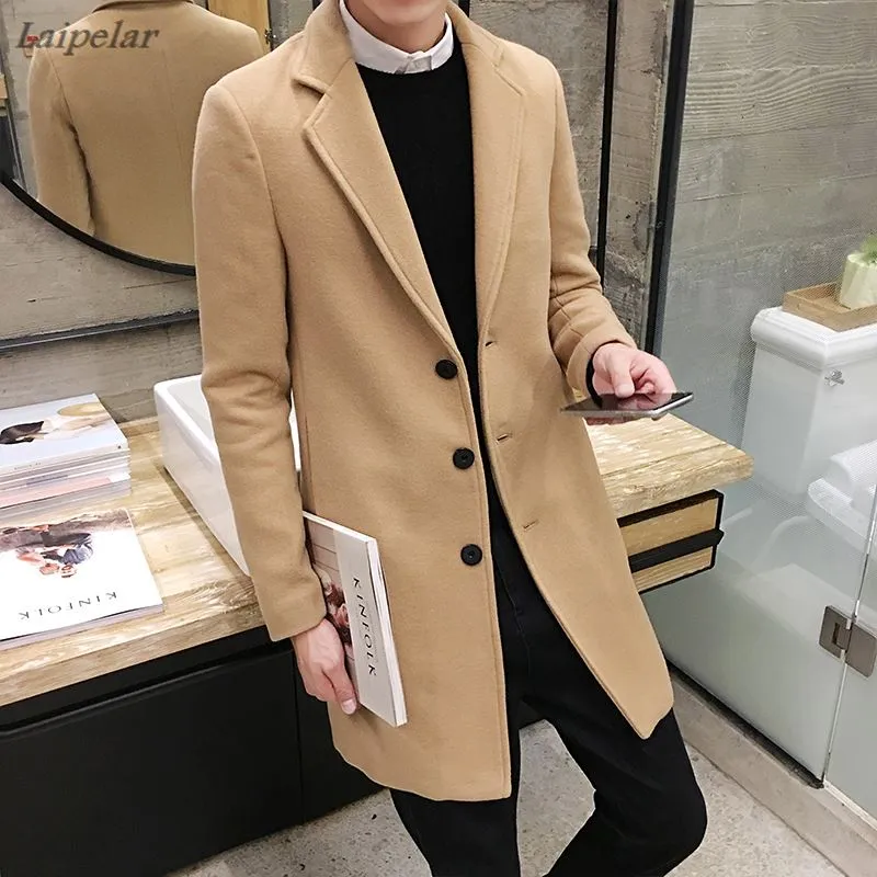 New Men's Fashion Boutique Colore Pure Pure Color di alta qualità Trench Coat / Maschio Tempo libero Miscele di lana Cappotti per polvere Cappotti