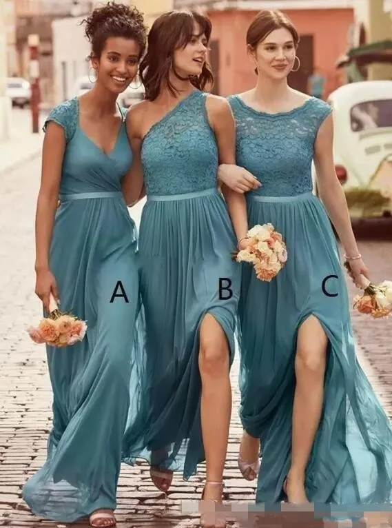 2019 Teal Chiffon Abiti Lunghi Da Damigella Donore Sexy Una Spalla Top In Pizzo Una Linea Chiffon Abiti Da Damigella Donore Side Split Economici Invitato A Un Matrimonio Da 104 12 DHgate