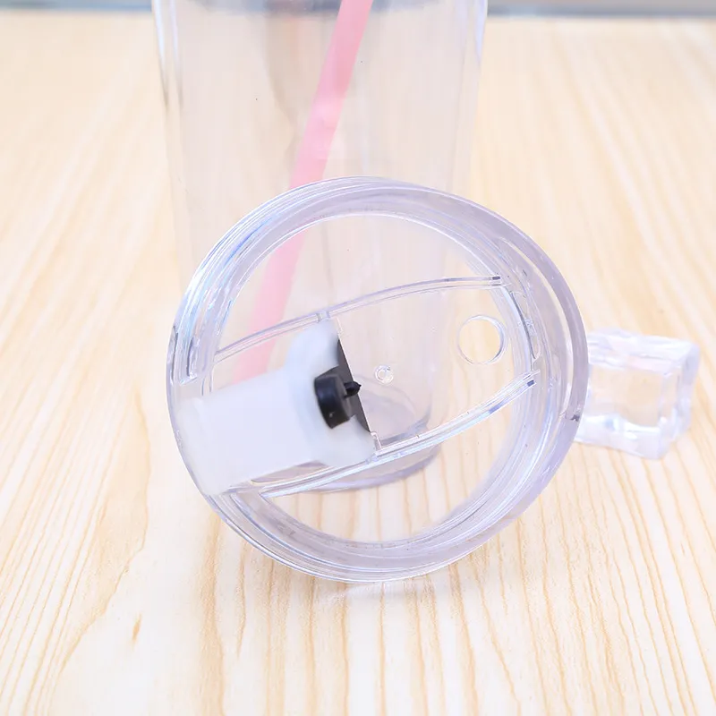 Plastik Yalıtımlı Bardaklar Çift Duvarlı Saman Kapaklı BPA Ücretsiz Seyahat Açık Kupası soğuk içecek su şişesi temizle renk 21 oz