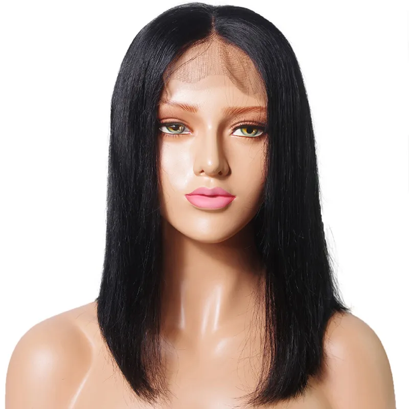 Kort bob mänsklig hår spets fram peruker brasilianska jungfru hår raka spetsar peruker för svarta kvinnor mitten del bob peruker naturlig svart färg