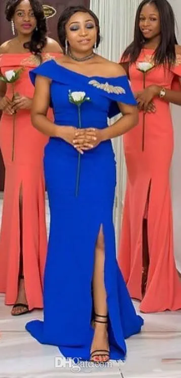 Mermaid Bridesmaid Dresses in Coral and Royal Blue with Bateau Neck and Short Sleeves