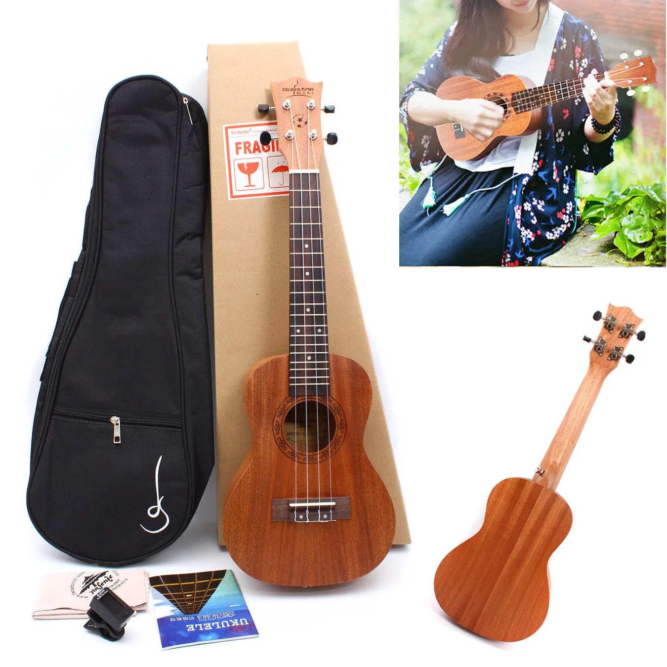 Yinfente Ukulele classico da 23 pollici con borsa Chitarra hawaiana a 4 corde con accordatore per lezioni di ukulele