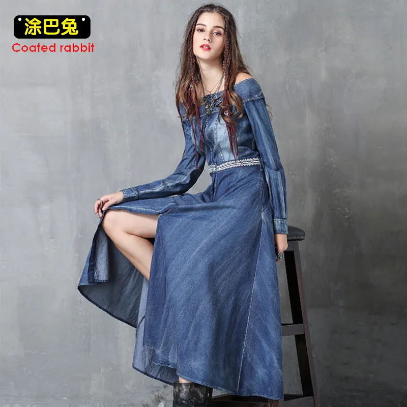 Off Shoulder Summer Women Denim Dress Sexy Slash Neck Long Sleeve Jeans Split Long Dresses Casual Party Dress Female Belt 2018