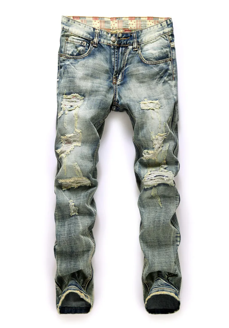 Pantaloni jeans denim dritti da uomo alla moda Pantaloni skinny strappati casual con foro strappato Pantaloni skinny a vita alta