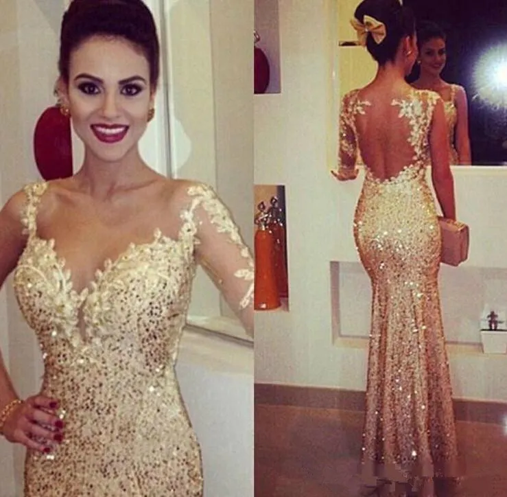 2021 Sparkly Sexy gold One Long Sleeve V-Neck Mermaid Party Dresses Gold Glitter Sequins GlitzApplqiue Open Backless Floor-Length Prom Gowns