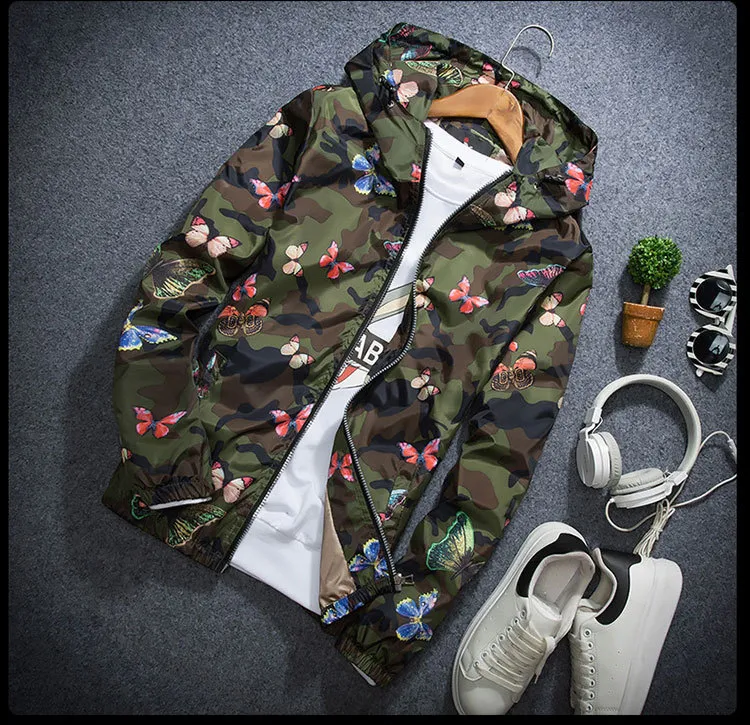 Men s Camo Windbreaker Jacket Lightweight Hooded Butterfly Print Polyester Windbreaker for Spring Summer 2024