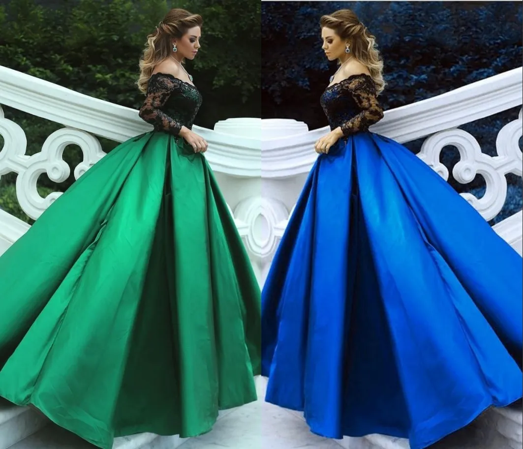 qatar 2024 Green Black Ball Gowns Evening Dresses Off Shoulder Long Sleeves Sequins Lace Satin Plus Size Evening Gowns Formal Dresses HY404