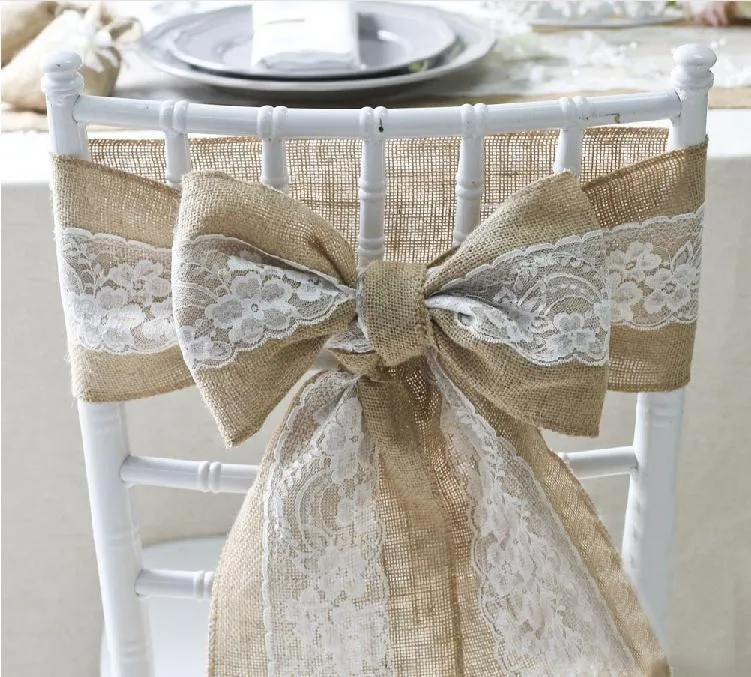 gratis frakt 15 * 240cm naturligt elegant burlap spets stol sashes jute stol slips båge för rustik bröllopsfest evenemang dekoration sn586