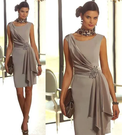 Scoop Neck Satin Sheath Mother 's Dresses Ruched Beaded Knee Length Party Prom Mother Of The bride Groom Dresses BA7792