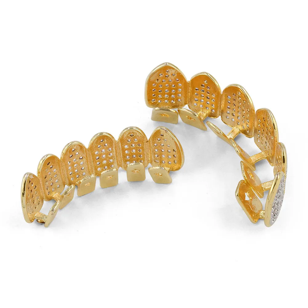 Conjunto de grelhas de dentes clássicas hip hop banhado a ouro CZ micropave exclusivo superior inferior conjunto de grelhas douradas