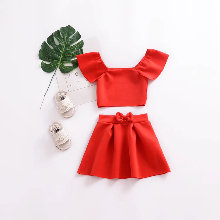 2018 New Baby Girls Sets Summer Fashion Red Off Shoulder Flying Sleeve Top + Bow Pleated Skirts Suits INS Children Boutique Outfits