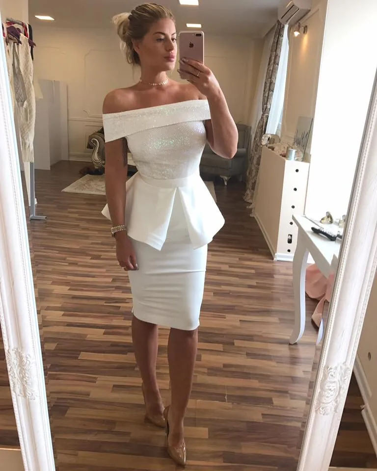 Arapça Sheat Beyaz Seksi Kısa Parti Elbiseler 2019 Pullu Zarif Streç Saten Abiye giyim Kokteyl Elbiseler