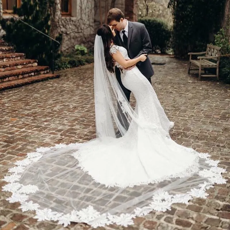 Voiles de mariage cathédrale élégants de 3M de Long, avec garniture appliquée, en Tulle doux, une couche, accessoires de mariage avec peigne