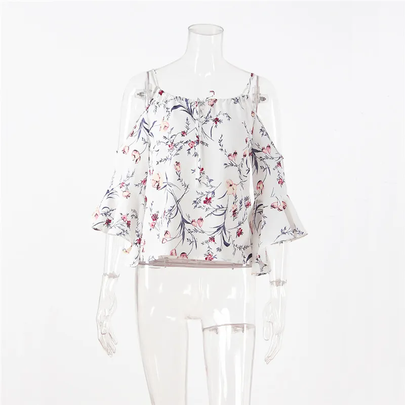 Women`s Summer Halter Neck Tops Spring Fashion Butterfly Sleeve Floral Print Sexy Blouse Shirts