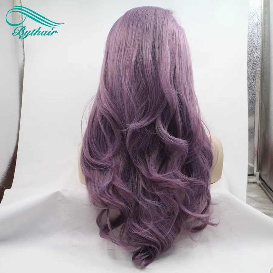 Bythairshop Long Body Wave Purple Color Synthetic Lace Front Wig Half Hand Tied Bouncy Heat Resistant Fiber Hair Cosplay Wig