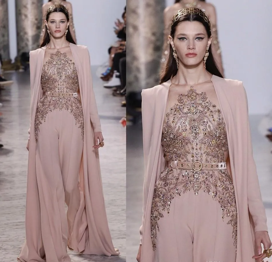 2024 Elie Saab 드레스 이브닝 착용 긴 슬리브 깎아 지른듯한 보석 목선 구슬 저녁 가운 시폰 형식 드레스 hy4206