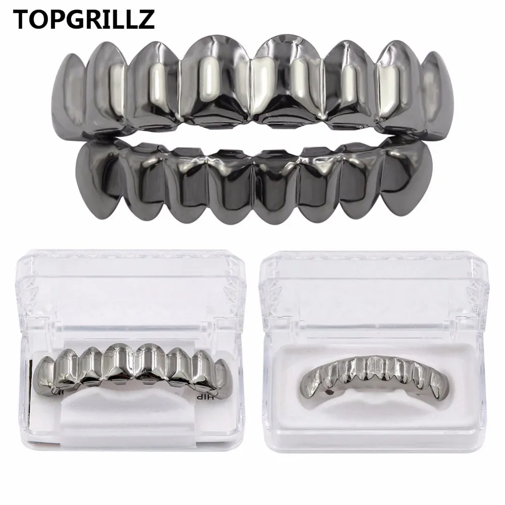 TOPGRILLZ Hip Hop Grills Set Gold Finish Eight 8 Top Teeth 8 Bottom Tooth Plain Clown Halloween Party Jewelry6910368