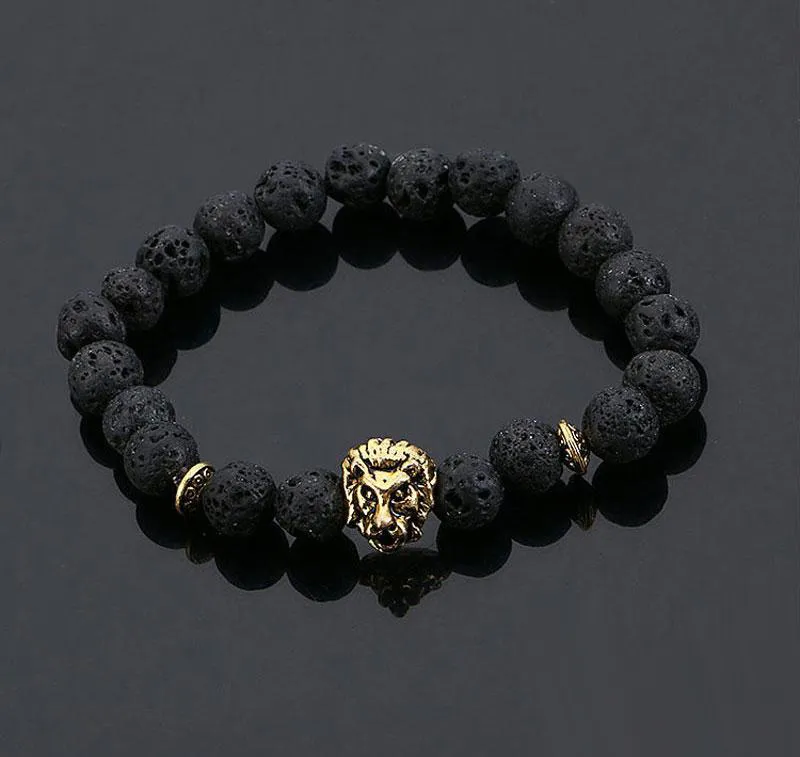 Pulsera de cabeza de león de piedra volcánica pulseras de cuentas de meditación de Buda de moda para hombres joyería de declaración oración envío gratis