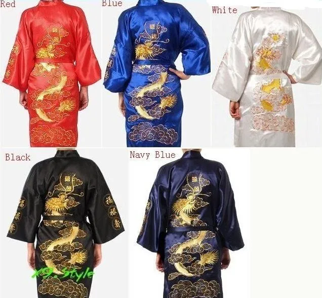 Dragon Chinese Silk Men Retrobe Kimono Robe Bontbe Black Red Blue White Navy Quality