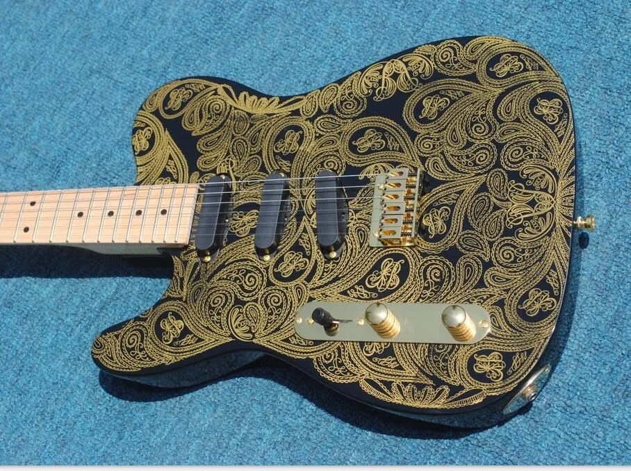 Custom mancino James Burton Signature Gold Paisley chitarra elettrica con manico in acero, pickup singoli SSS 3, hardware dorato