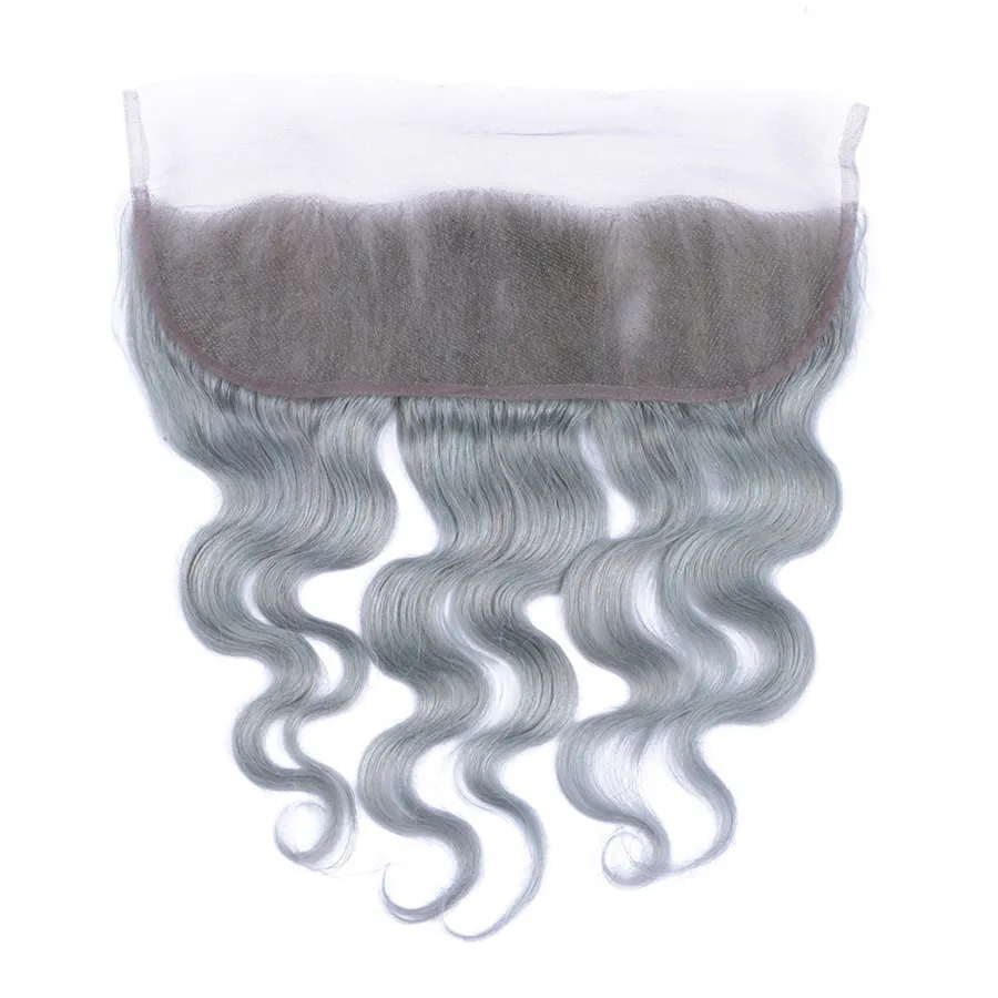 Grey Human Hair Body Wave Lace Frontal with Packles Sliver Gris Grey Peruvian Cair Weave with Lace Frontal Ferce / 